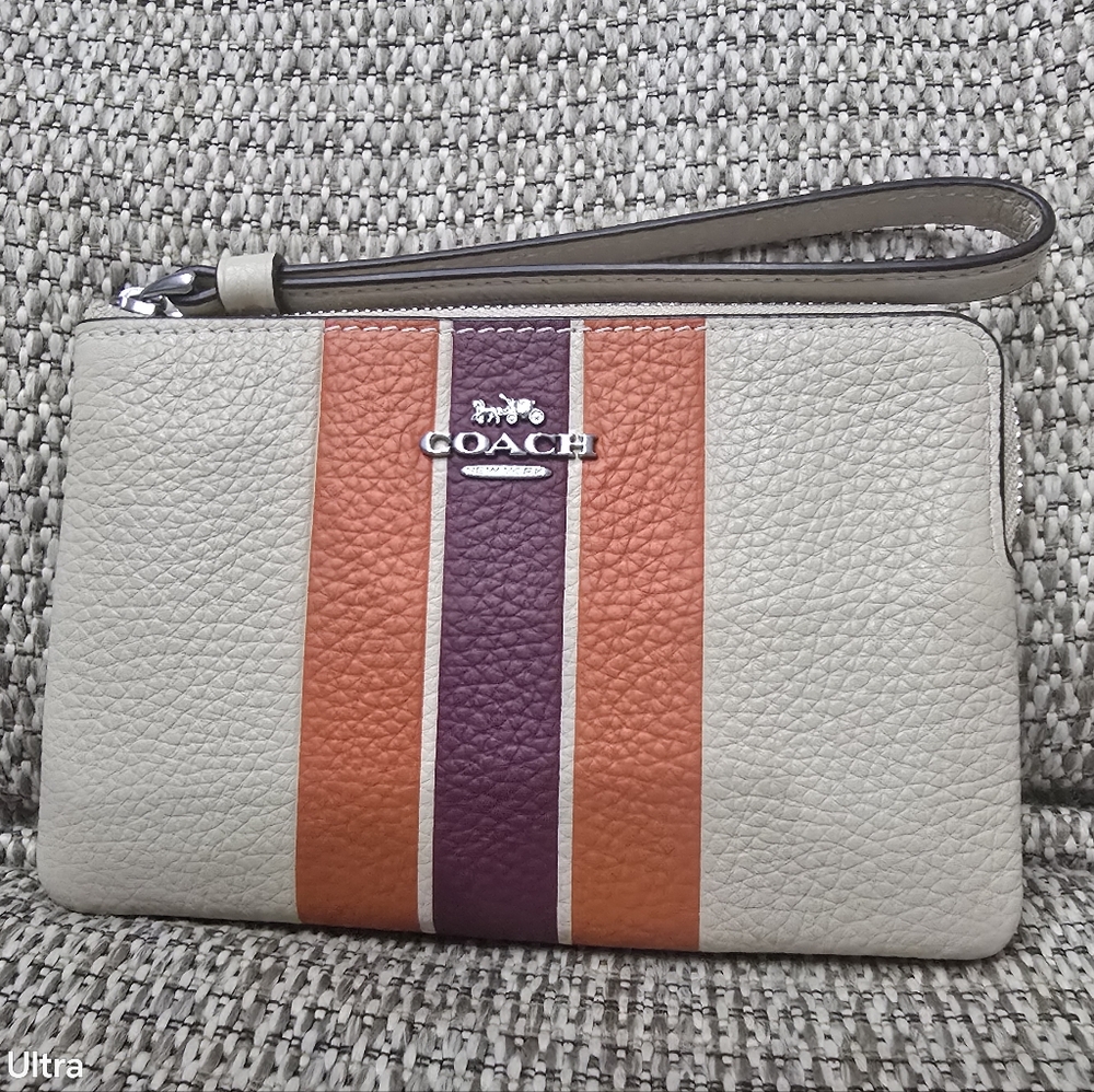New Coach Cream Wristlet with Orange and Purple Stripes MSRP $88